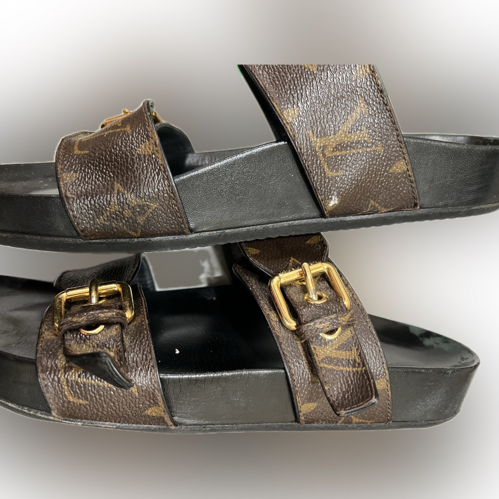 Louis Vuitton Monogram Brown Sandals with Gold Buckles - Picture 2 of 4